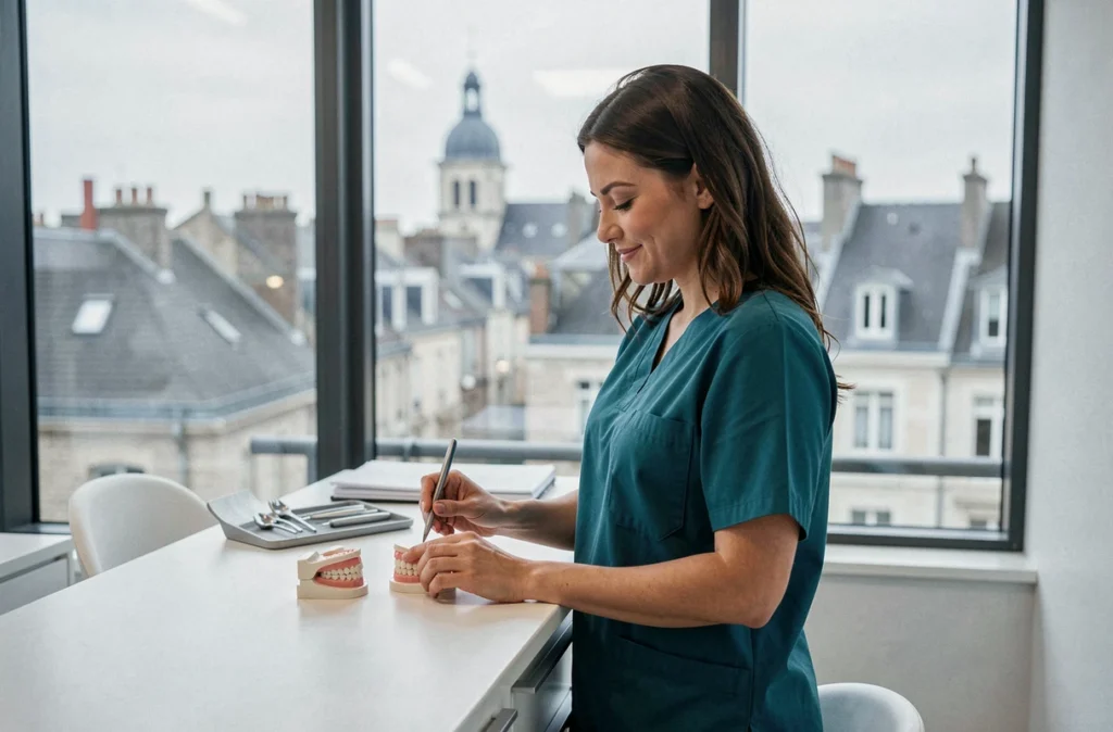 Cabinet d'orthodontie OQuaiSmile à Rouen avec une orthodontiste examinant des modèles dentaires