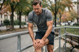 Coureur masculin d'une trentaine d'années s'arrêtant pour tenir son mollet douloureux pendant un jogging en milieu urbain, signe possible d'artères bouchées