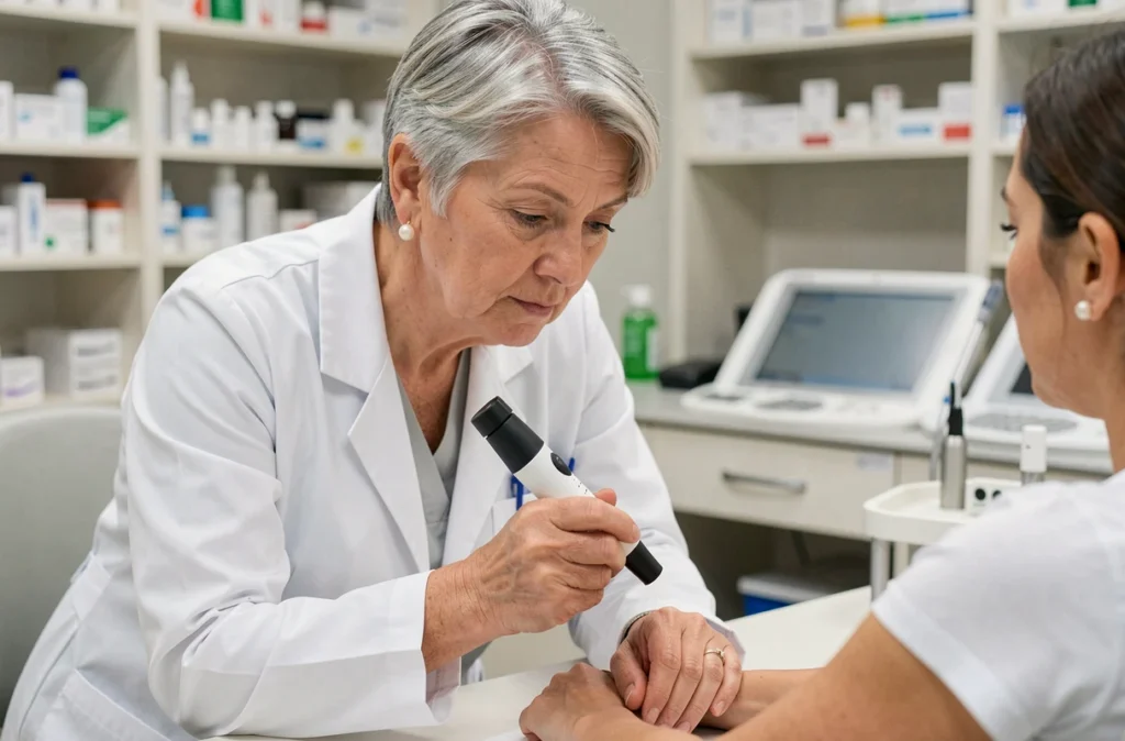 Portrait du Dr Germaine Gabison, dermatologue expérimentée, examinant un patient avec un dermatoscope
