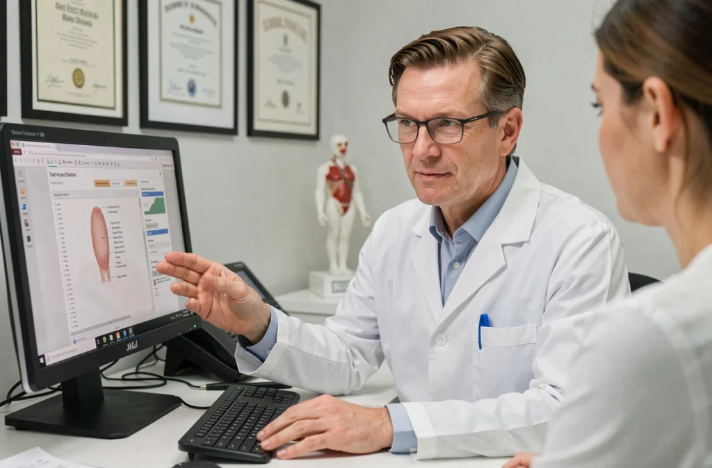 Portrait du Dr Jean-Luc Plaquet, dermatologue, en consultation avec un patient devant un écran médical