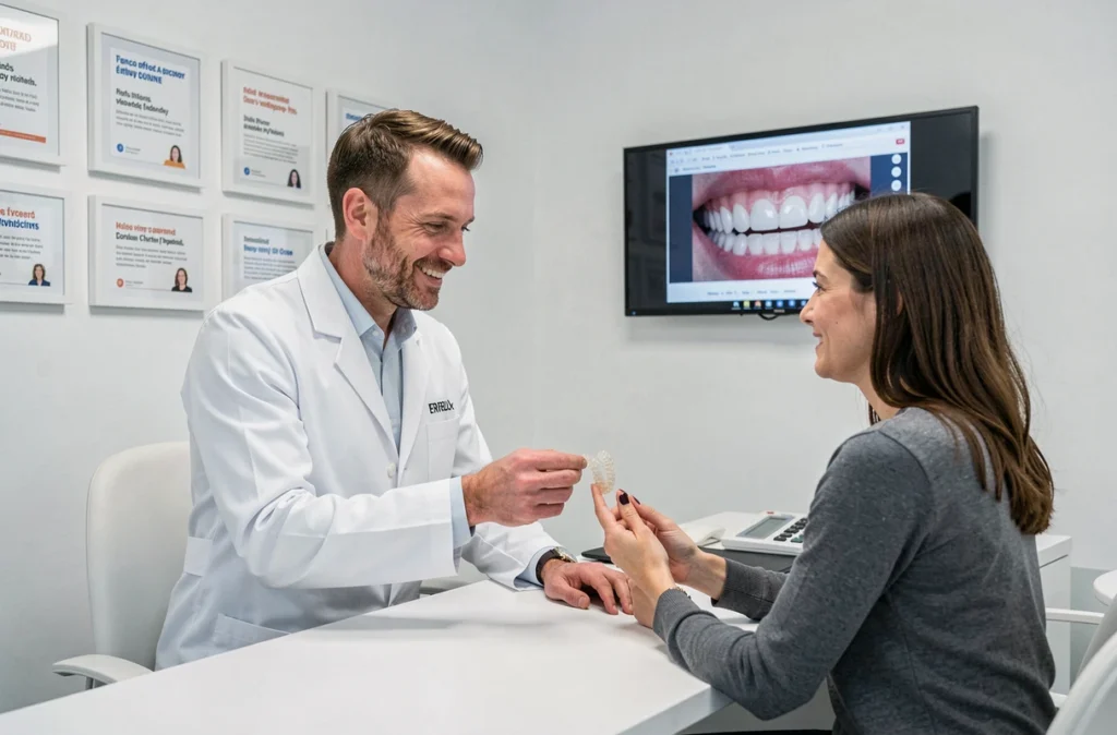 Docteur Lenoble dans son cabinet d'orthodontie à Évreux présentant des aligneurs transparents à une patiente adulte