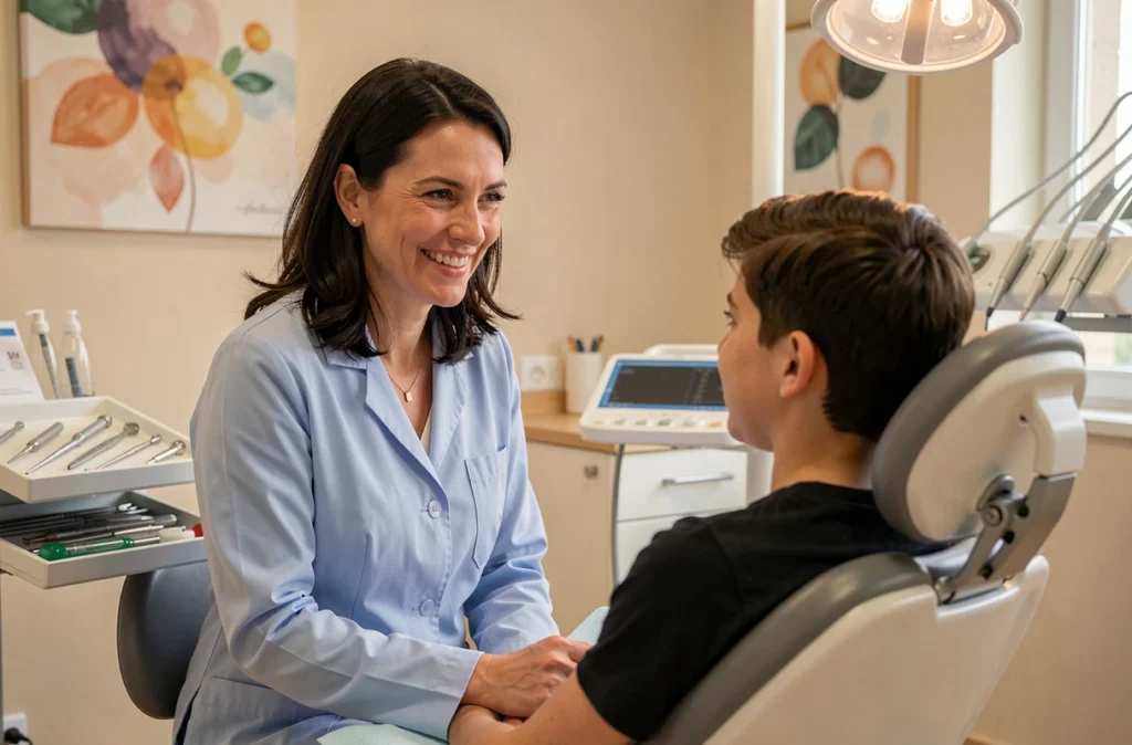 Docteure Myriam Faucon dans son cabinet d'orthodontie de Bois-Guillaume souriante face à un patient adolescent