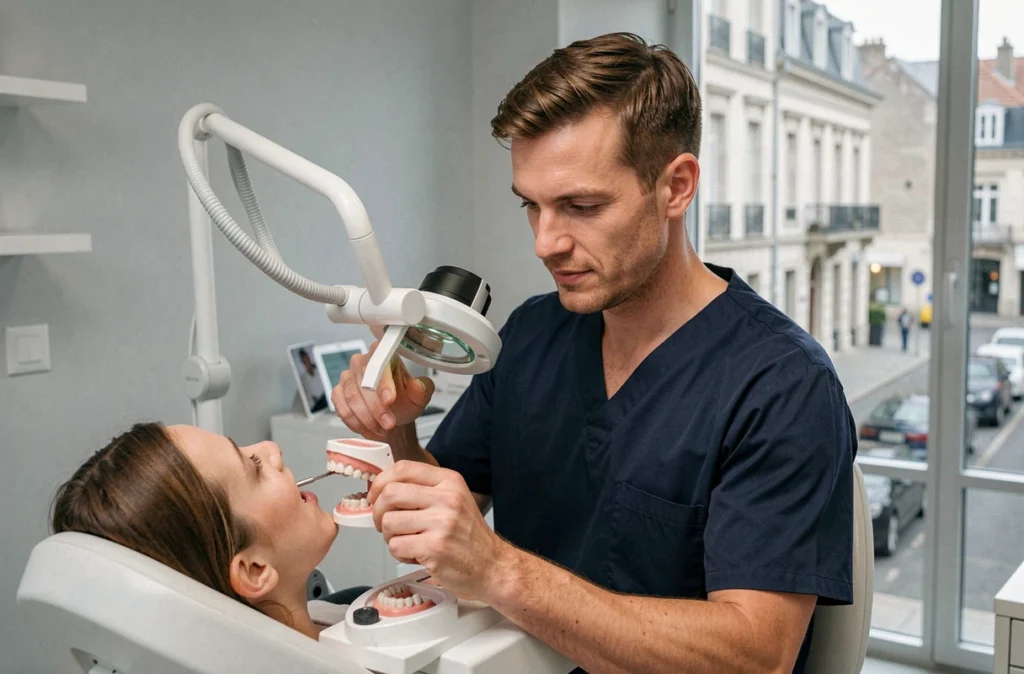 Docteur Sébastien Poulard dans son cabinet d'orthodontie à Rouen examinant des empreintes dentaires à son bureau