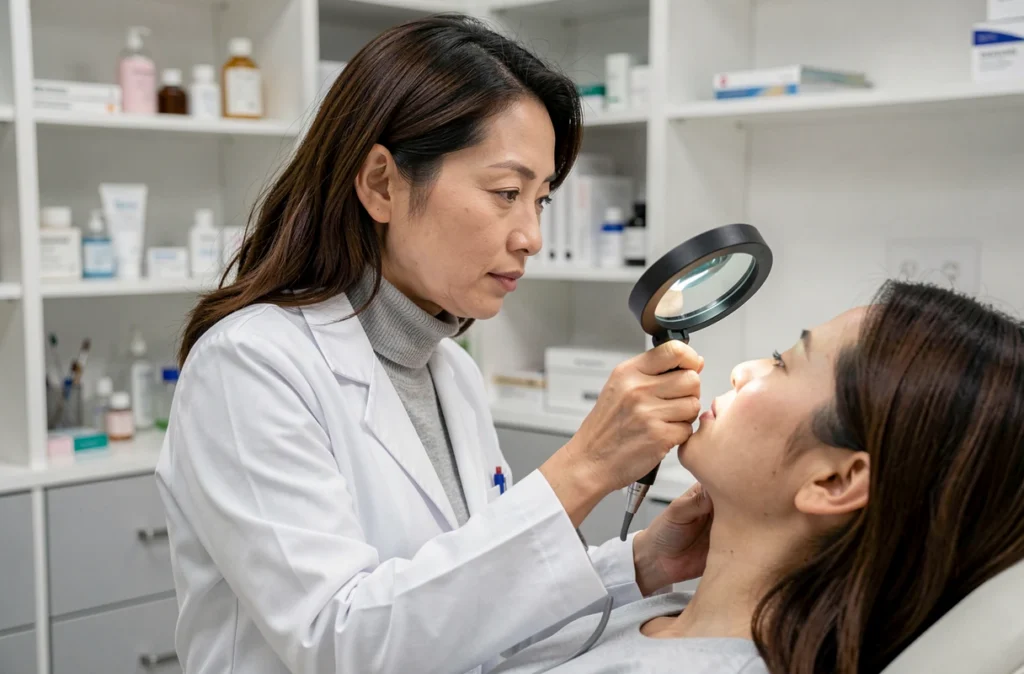 Portrait du Dr Tu Anh Duong-Eclancher, dermatologue, réalisant un examen cutané sous lampe loupe
