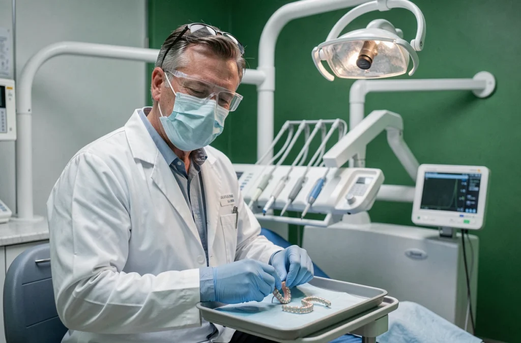 Orthodontiste de l'Hôpital Charles Nicolle CHU Rouen préparant des appareils orthodontiques dans la salle de soin