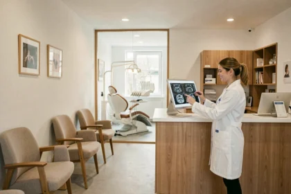 Salle d'attente d'un cabinet d'orthodontie moderne en Normandie avec une orthodontiste en blouse blanche
