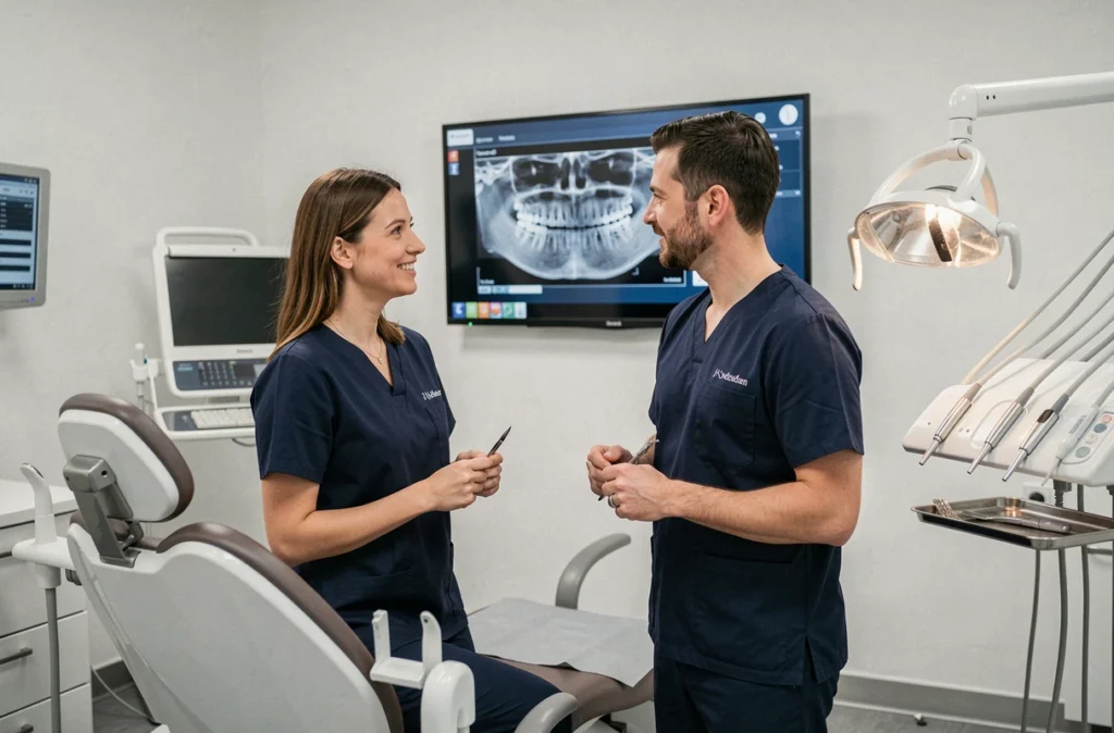 Deux orthodontistes de la SELARL Marche Soligni à Rouen examinant des radiographies panoramiques