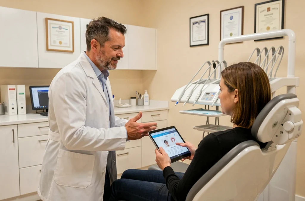 Salle de consultation de la SELARL Viveo à Évreux avec un orthodontiste et un patient adulte
