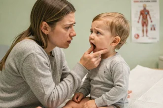 Mère examinant la bouche de son jeune enfant pour détecter une papule sur la langue lors d'une consultation médicale