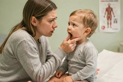 Mère examinant la bouche de son jeune enfant pour détecter une papule sur la langue lors d'une consultation médicale