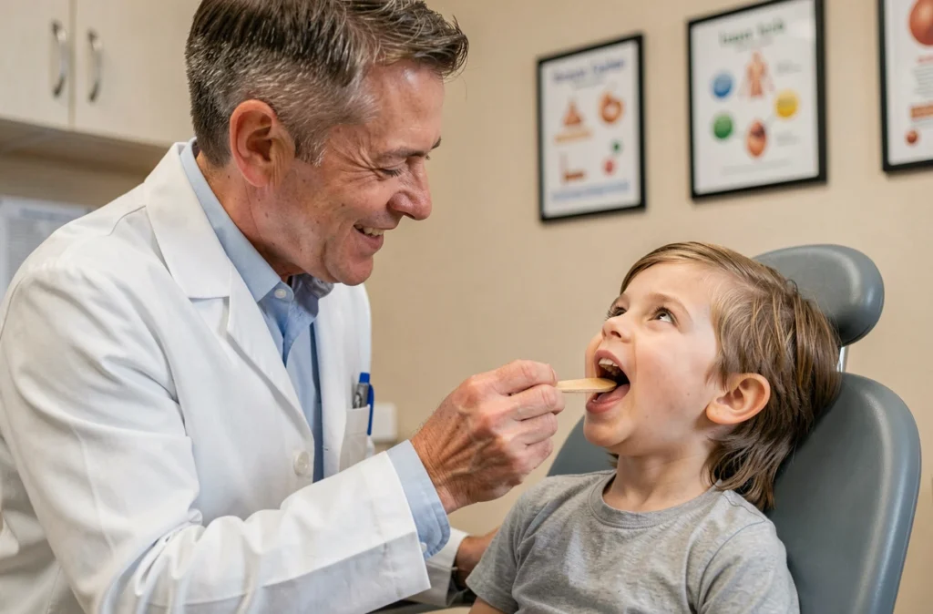 Pédiatre examinant la langue d'un jeune patient à la recherche d'une papule lors d'une consultation pédiatrique